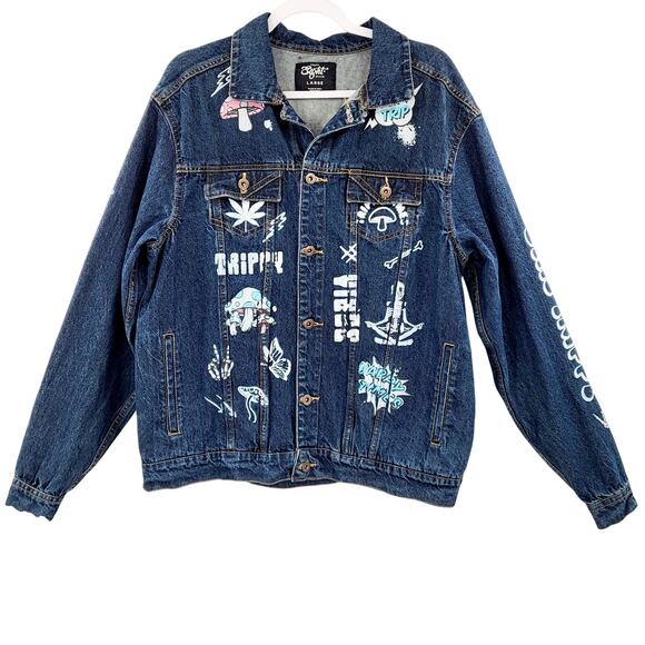 Eighty Eight Blue Denim Jean Don't Trip Stay Trippy Trucker Jacket Men's Size L - Picture 1 of 12